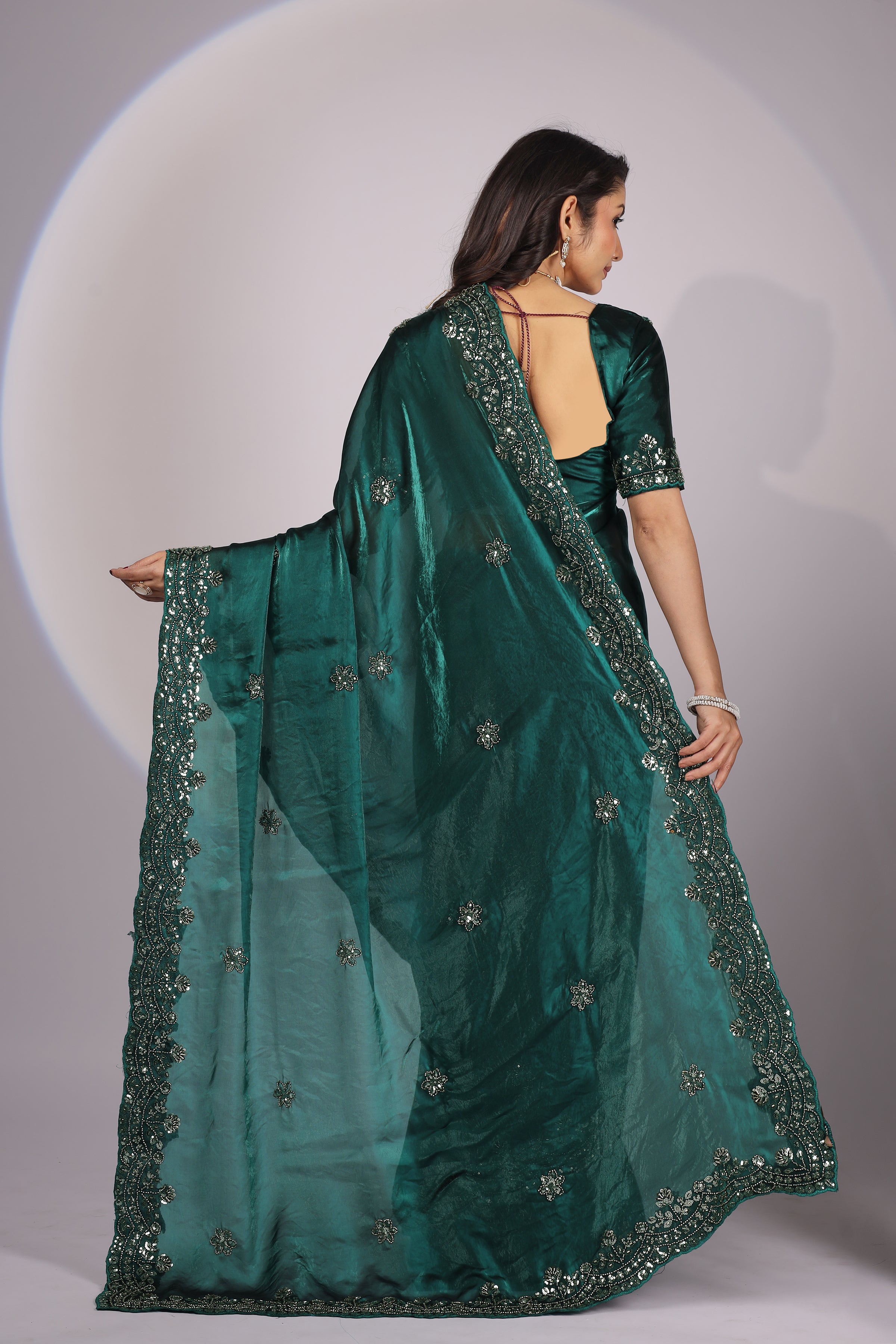 Emerald Green Embroidered Designer Saree with Unstitched Blouse