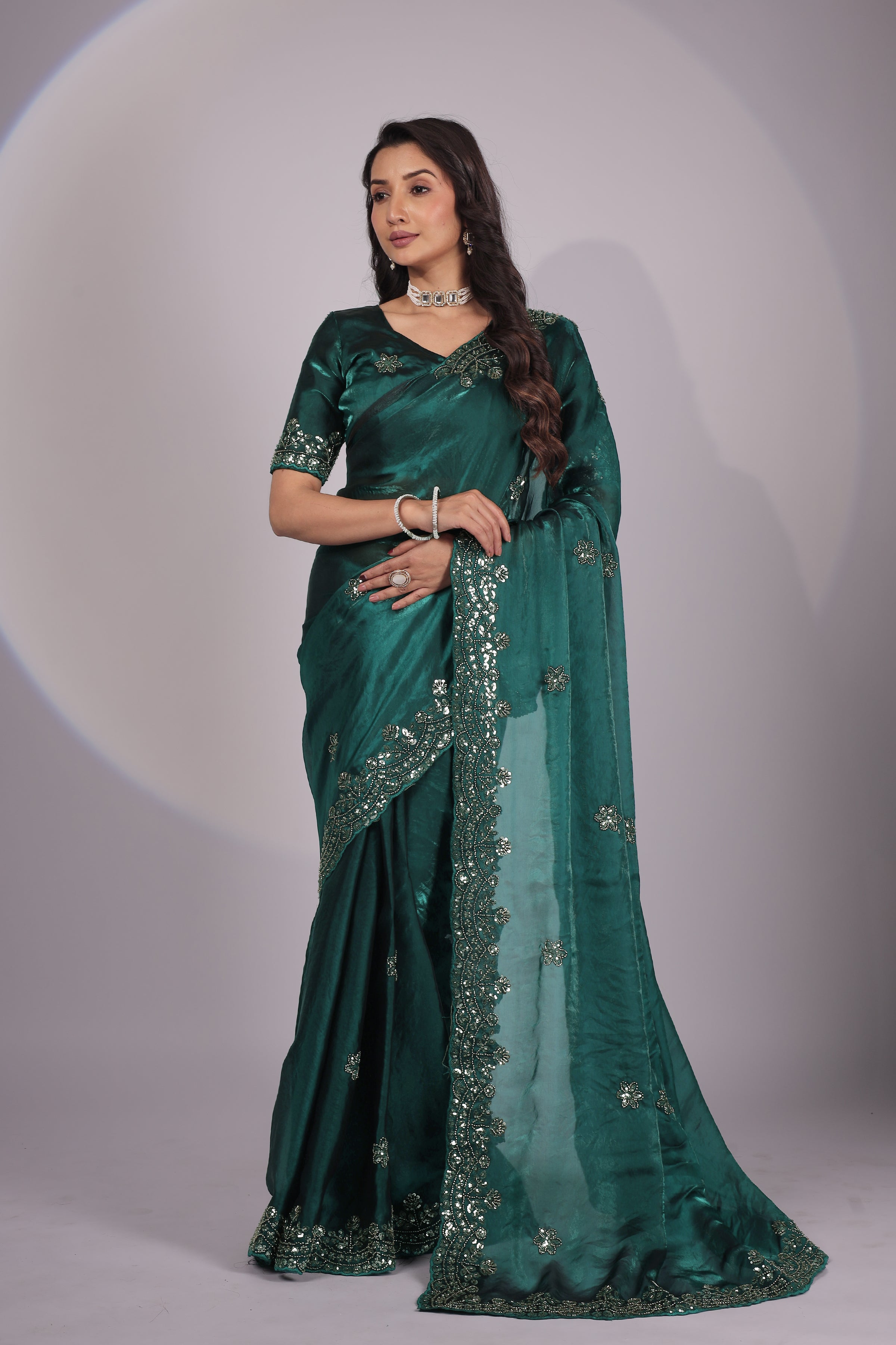 Emerald Green Embroidered Designer Saree with Unstitched Blouse
