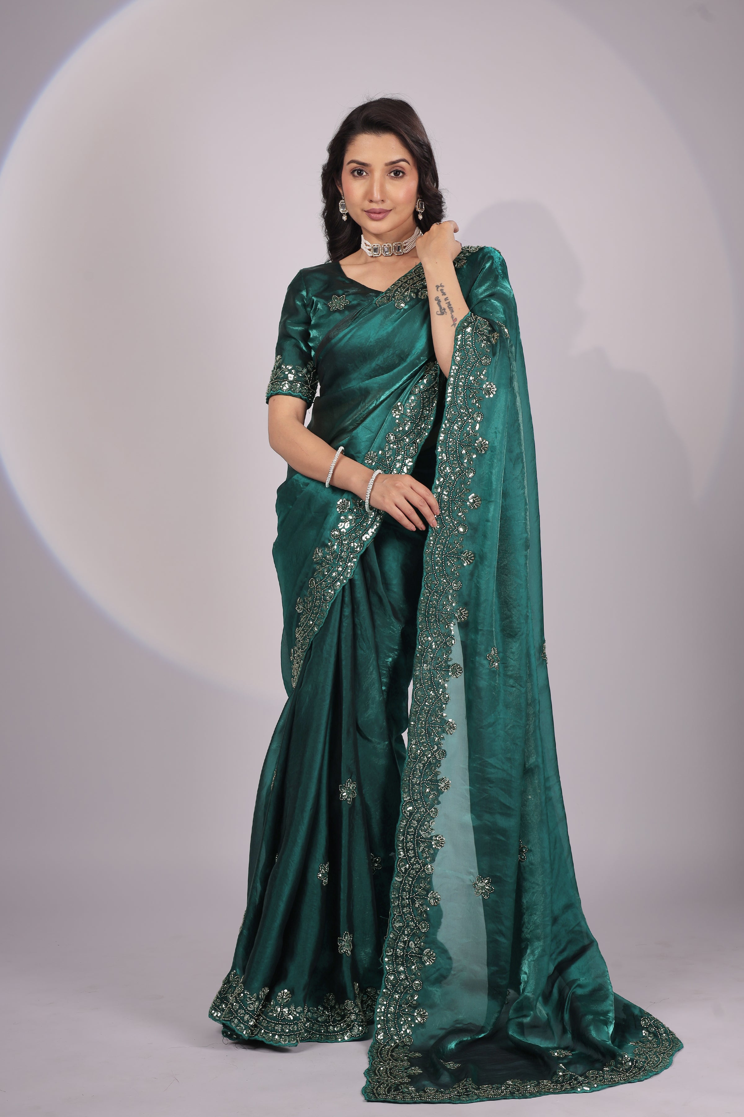 Emerald Green Embroidered Designer Saree with Unstitched Blouse