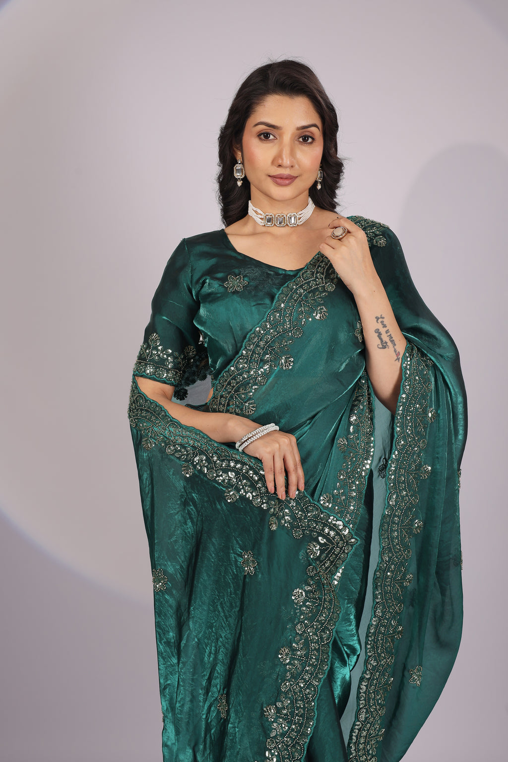 Emerald Green Embroidered Designer Saree with Unstitched Blouse