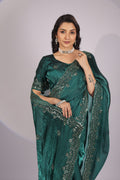 Emerald Green Embroidered Designer Saree with Unstitched Blouse