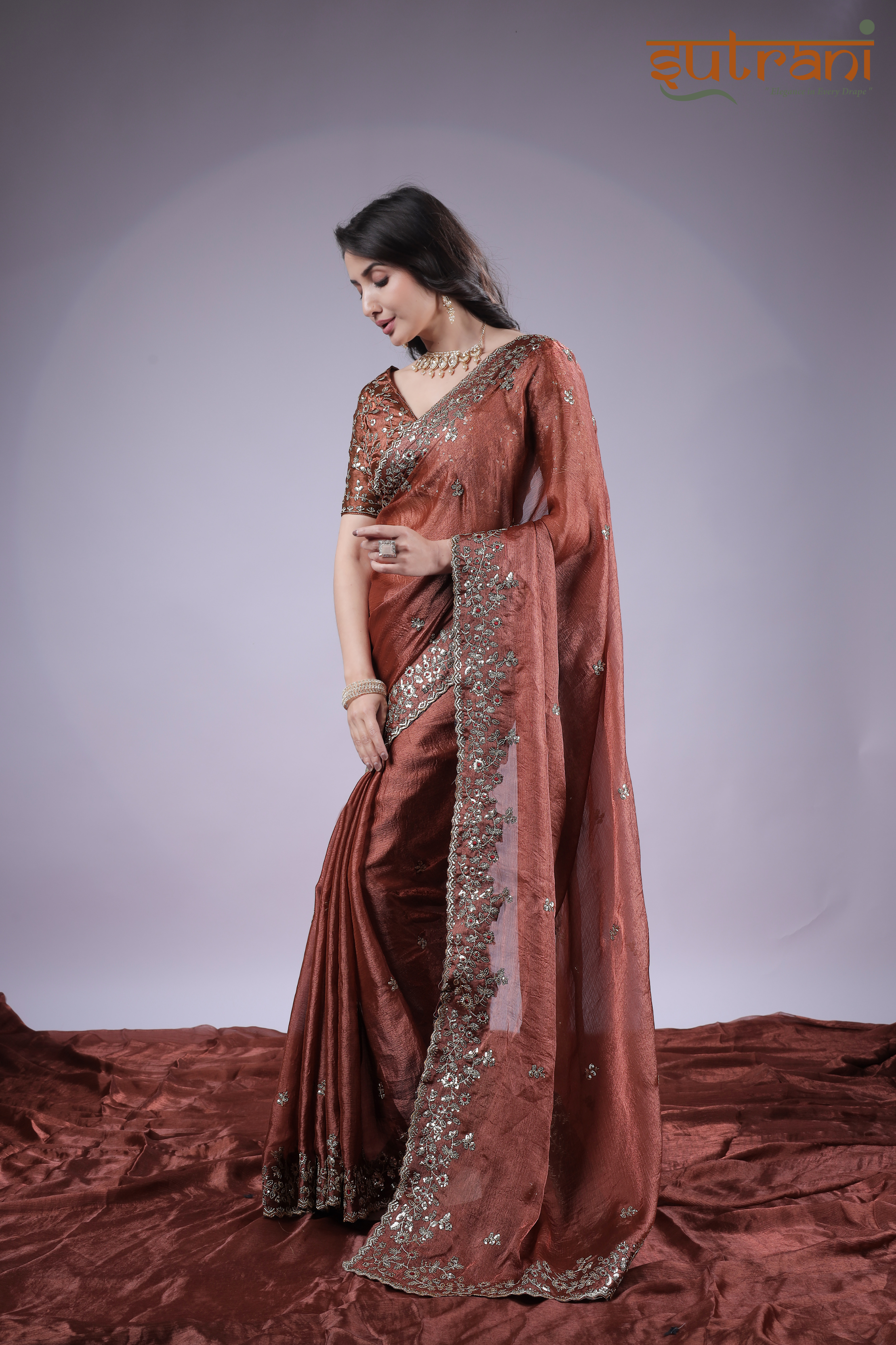 Glam Rust Copper Saree with Heavy Sequin Detailing