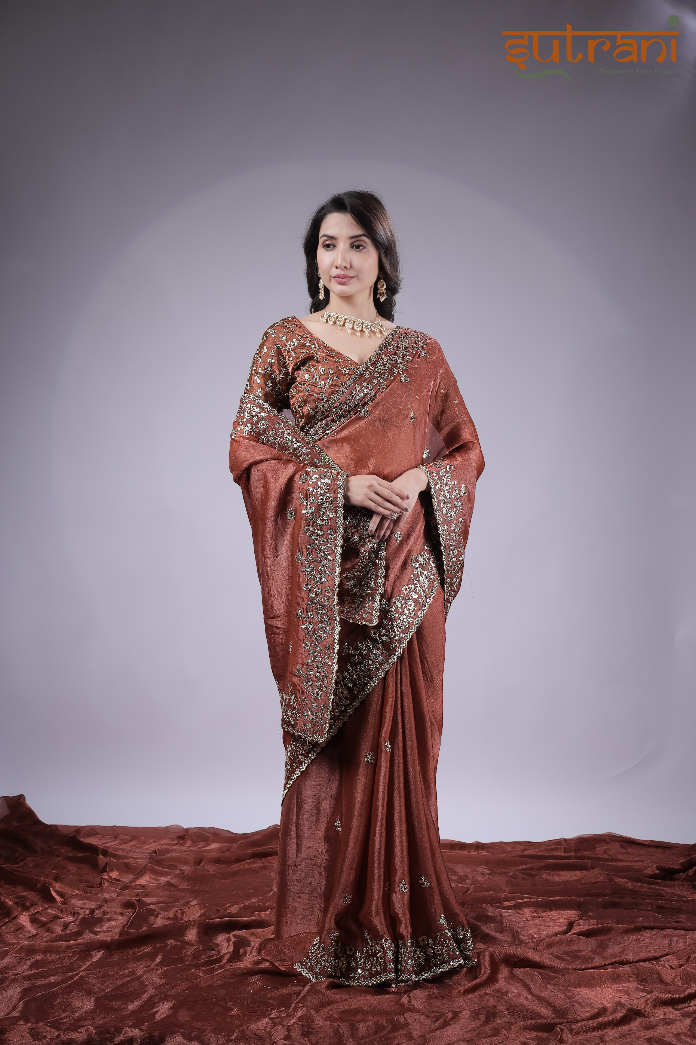 Glam Rust Copper Saree with Heavy Sequin Detailing