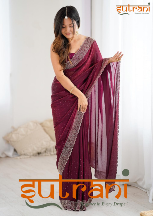 Crimson red Hand-Embroidered Saree