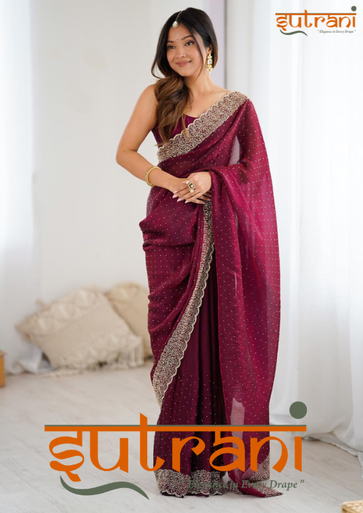 Crimson red Hand-Embroidered Saree