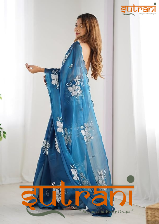 Ocean Teal Hand-Embroidered Organza Saree