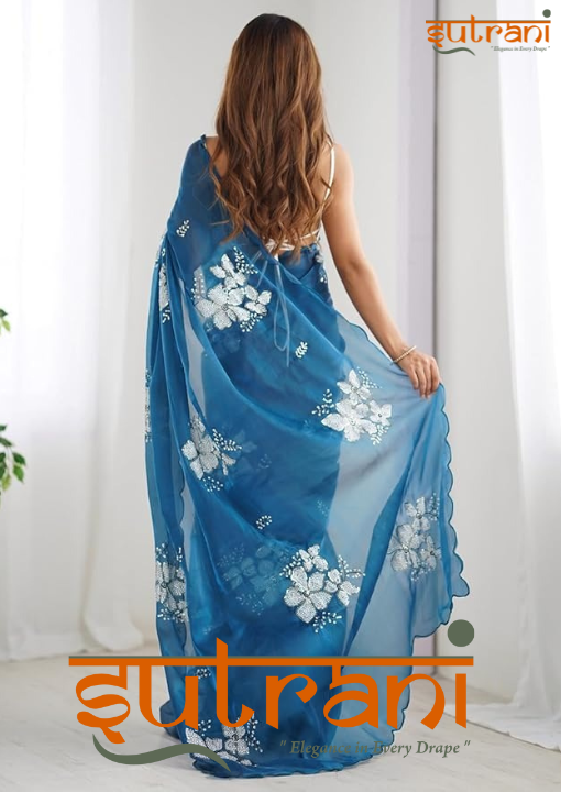 Ocean Teal Hand-Embroidered Organza Saree
