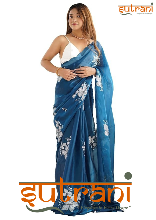 Ocean Teal Hand-Embroidered Organza Saree
