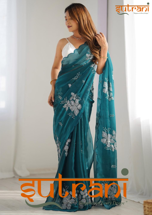 Teal Blossom Embroidered Organza Saree
