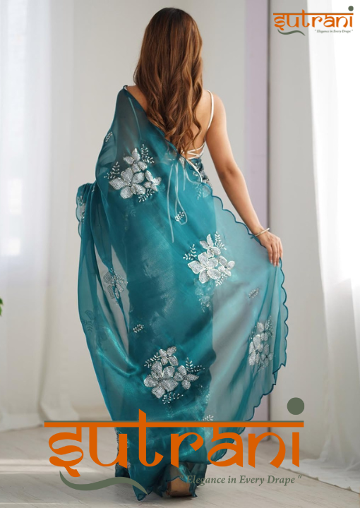 Teal Blossom Embroidered Organza Saree