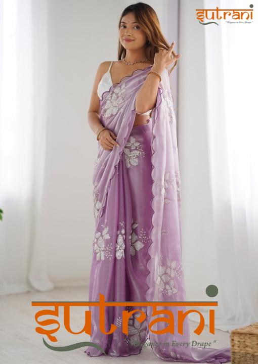 Lilac Bloom Hand-Embroidered Saree