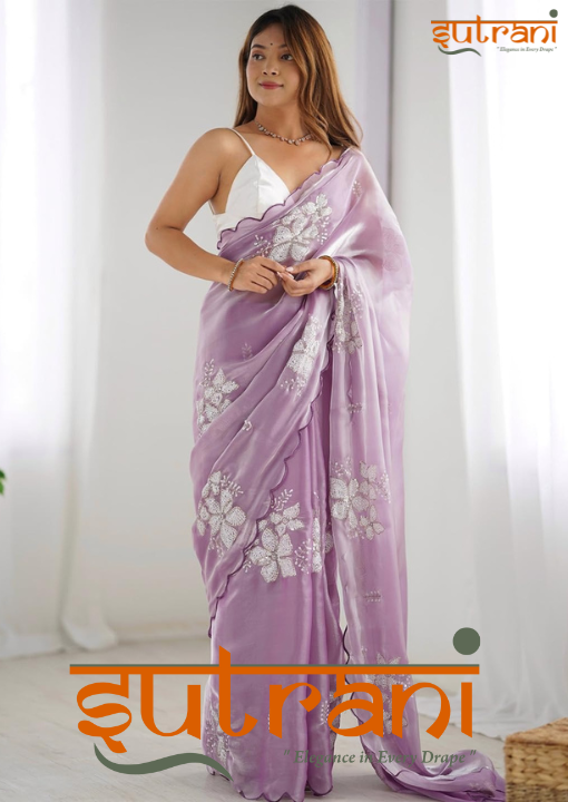 Lilac Bloom Hand-Embroidered Saree