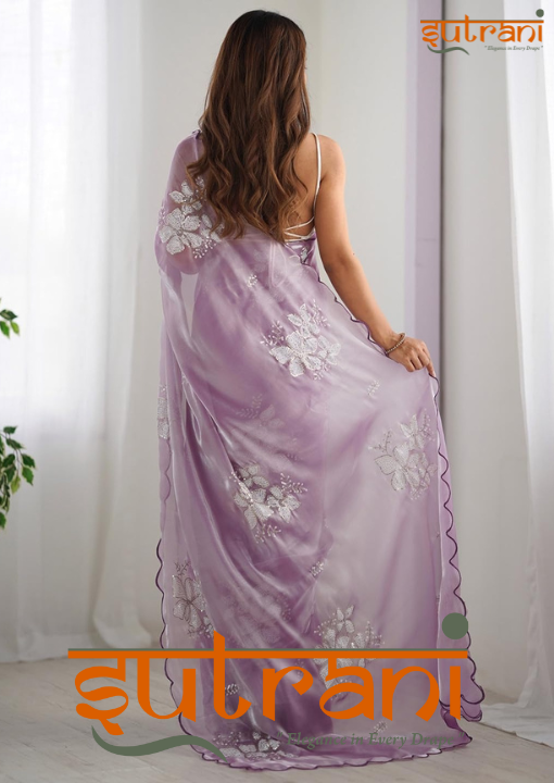 Lilac Bloom Hand-Embroidered Saree