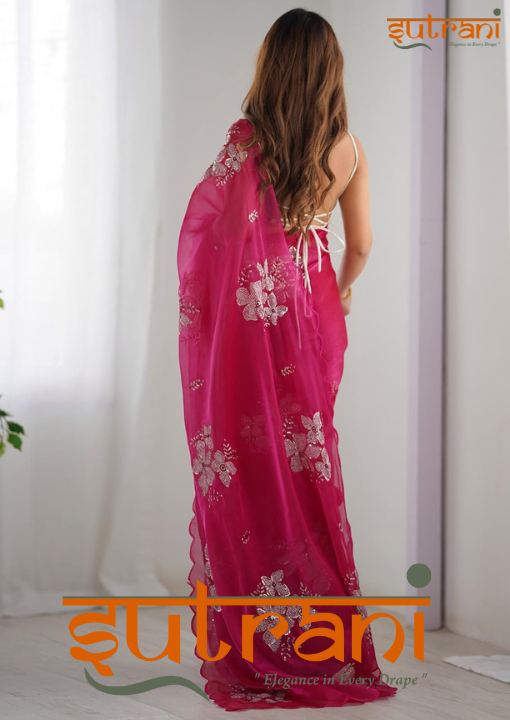Flamingo Rose Hand-Embroidered Saree