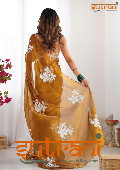 Sunlit Amber Hand-Embroidered Saree