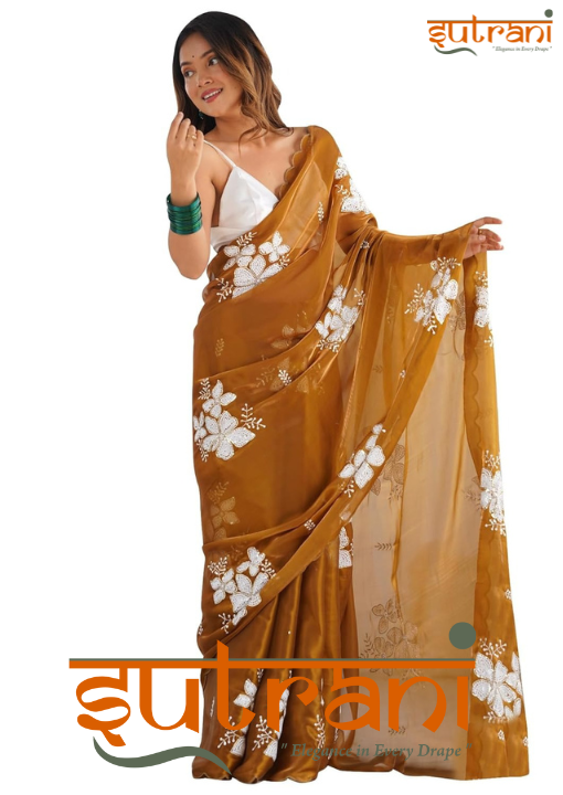 Sunlit Amber Hand-Embroidered Saree