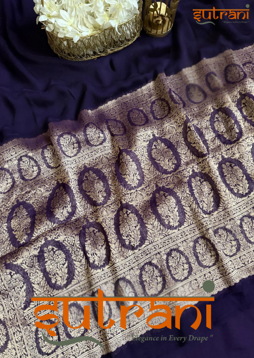 Deep Indigo Gold Motif Silk Saree