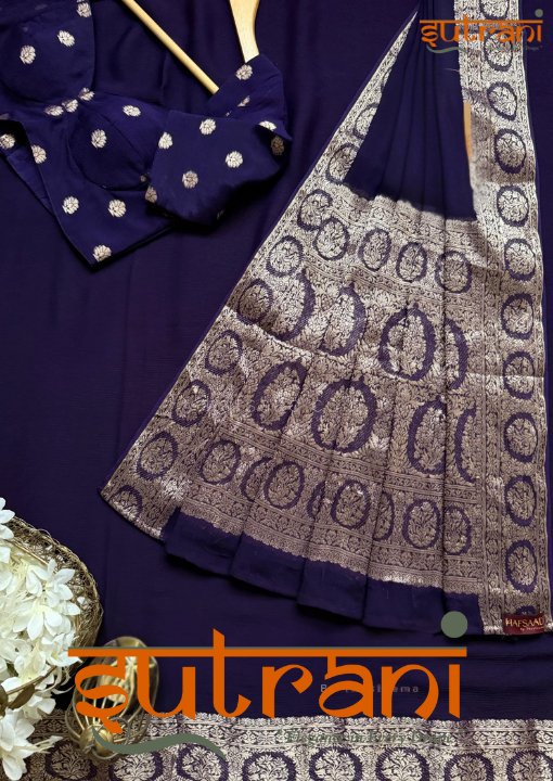 Deep Indigo Gold Motif Silk Saree