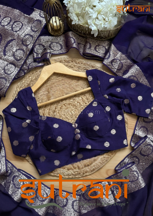 Deep Indigo Gold Motif Silk Saree