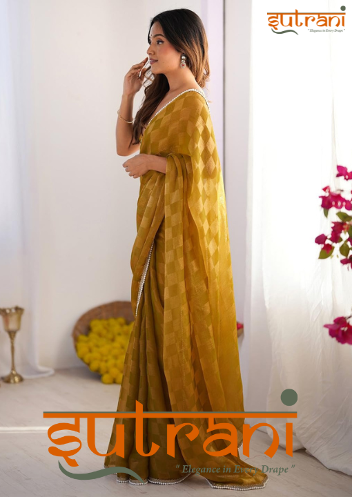Mustard Gold Checkered Silk Saree with Pearl Border
