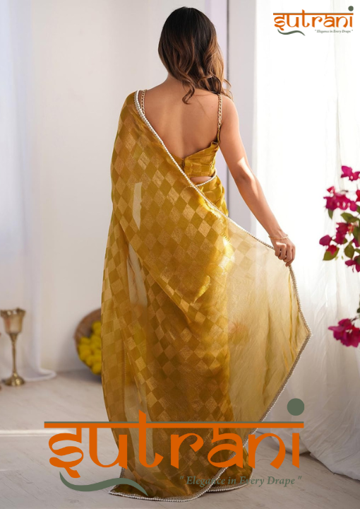 Mustard Gold Checkered Silk Saree with Pearl Border