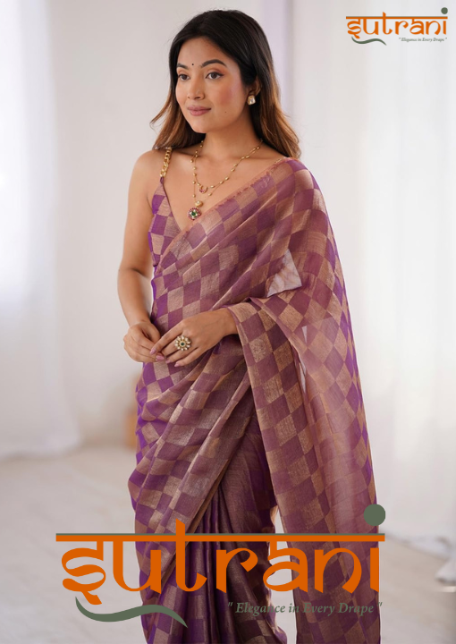 Women Plum Purple Checkered Silk Saree
