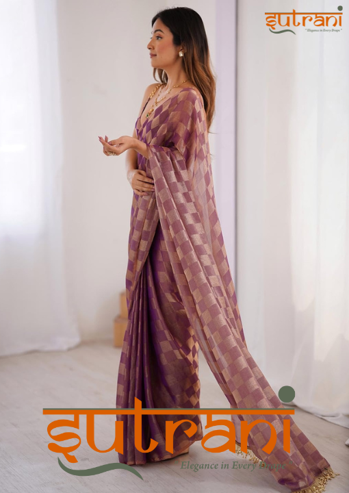Women Plum Purple Checkered Silk Saree