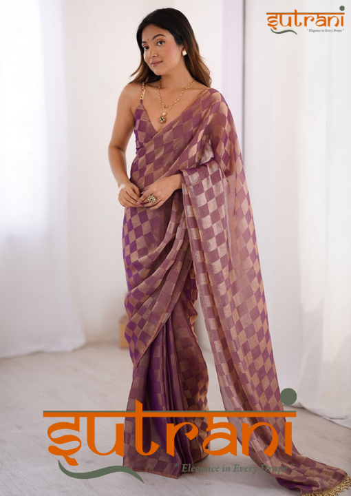 Women Plum Purple Checkered Silk Saree