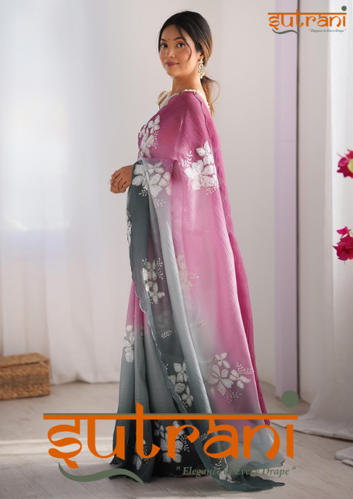 Rose Plum Ombre Embroidered Saree