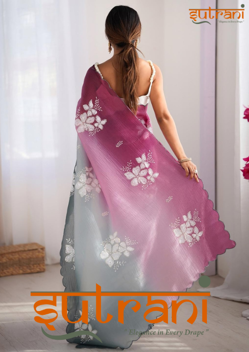 Rose Plum Ombre Embroidered Saree