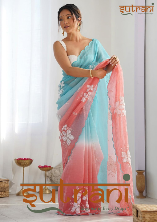 Luxe Aqua Coral Hand-Embroidered Saree