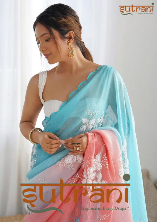 Luxe Aqua Coral Hand-Embroidered Saree