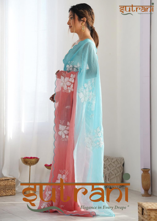 Luxe Aqua Coral Hand-Embroidered Saree