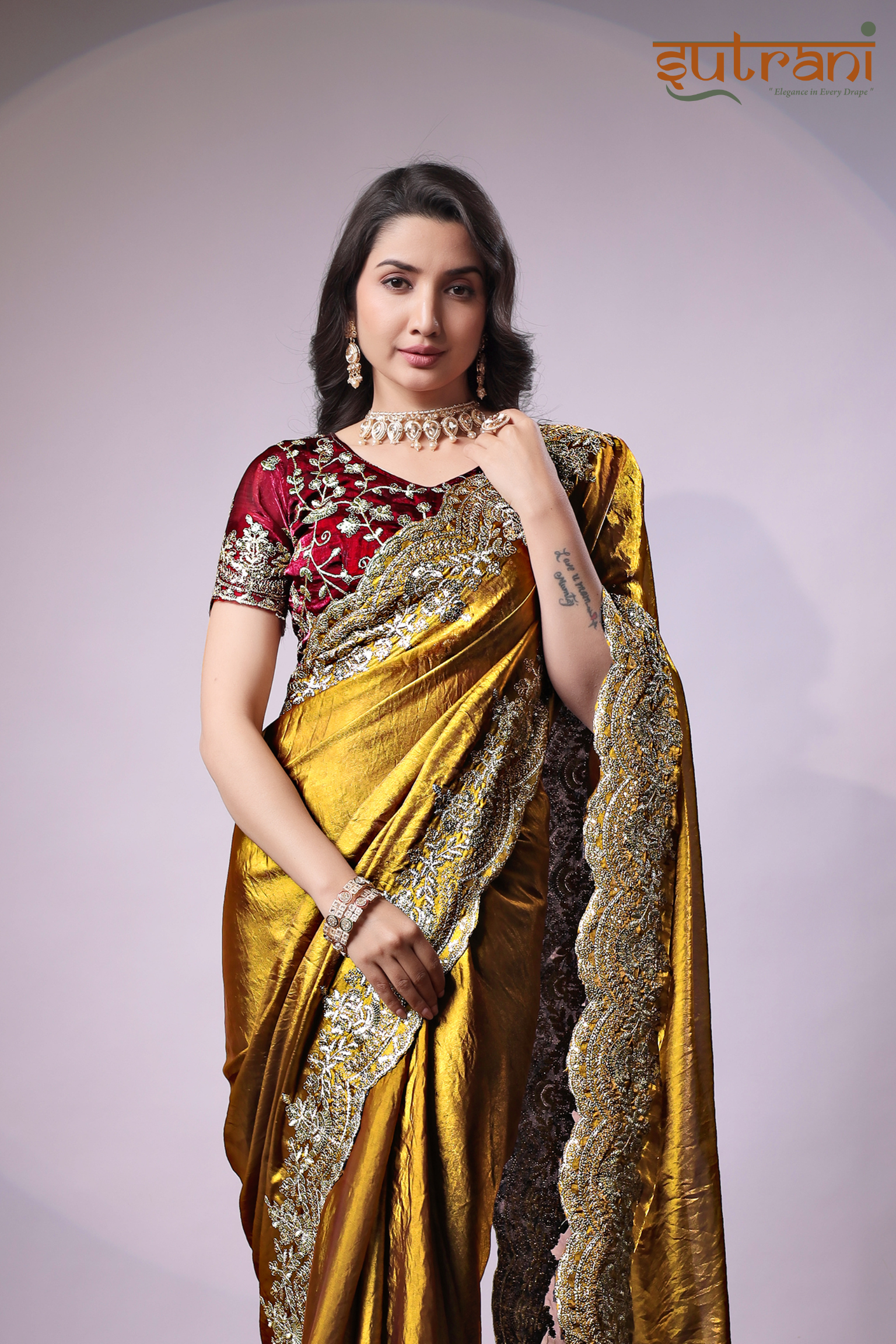 Sutrani Antique Gold Silk Saree with Rich Zari Work