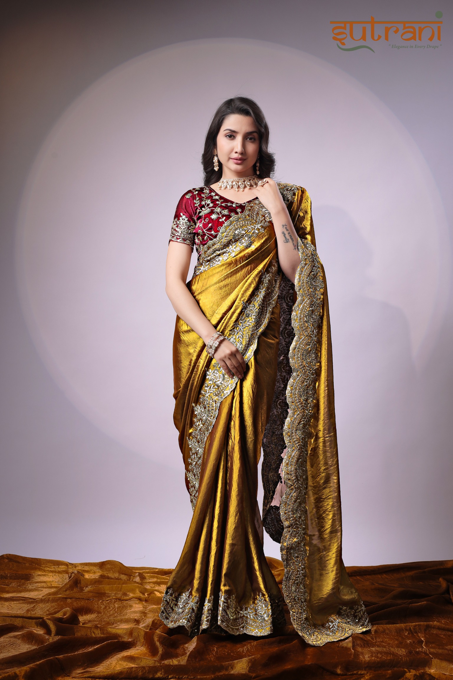 Sutrani Antique Gold Silk Saree with Rich Zari Work