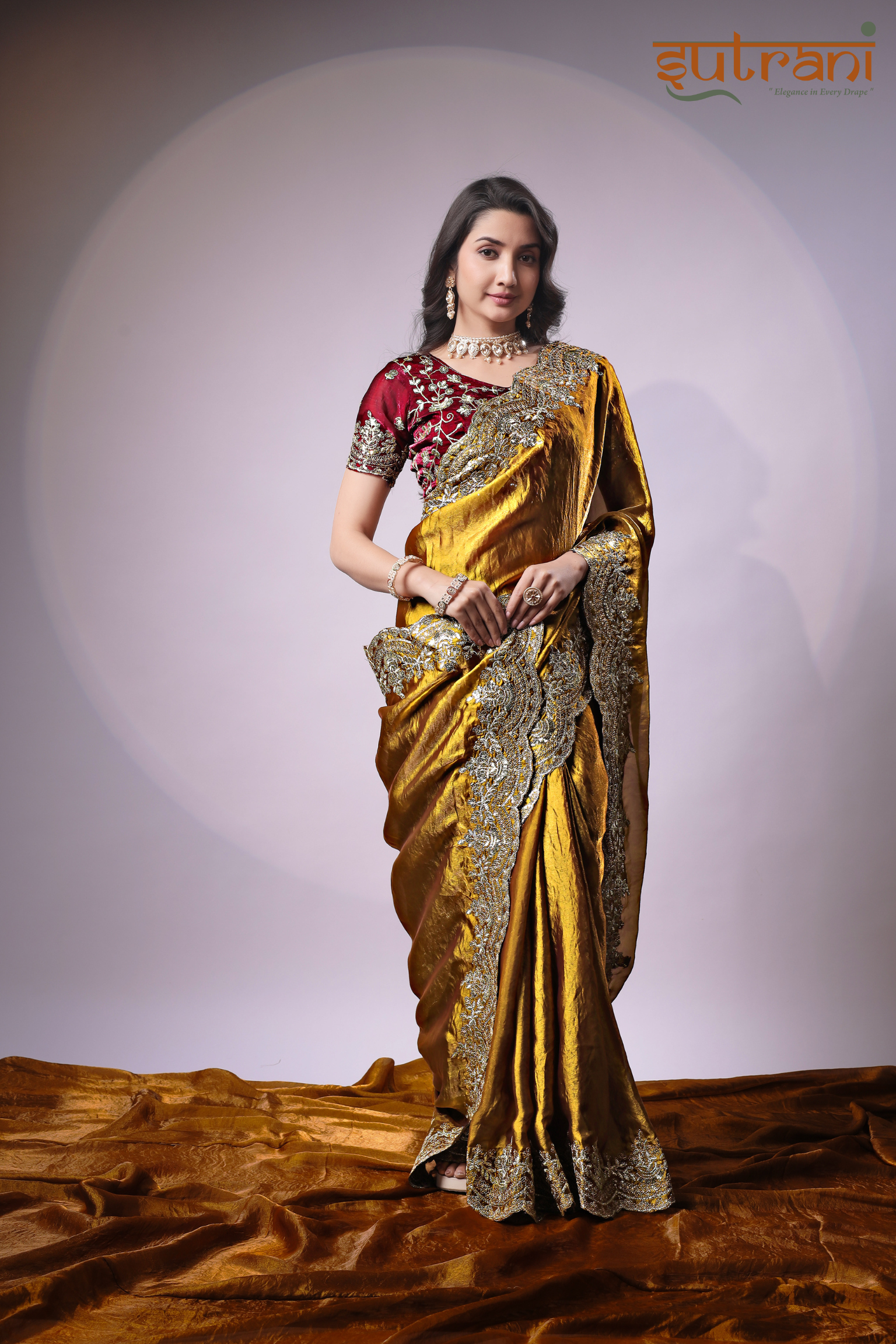 Sutrani Antique Gold Silk Saree with Rich Zari Work