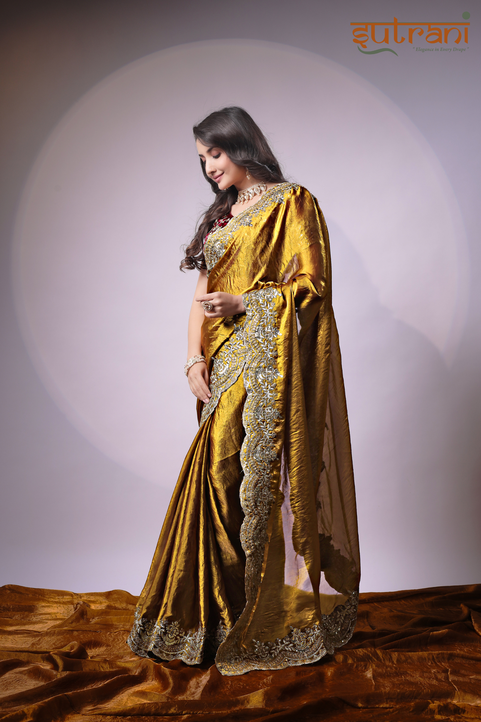 Sutrani Antique Gold Silk Saree with Rich Zari Work