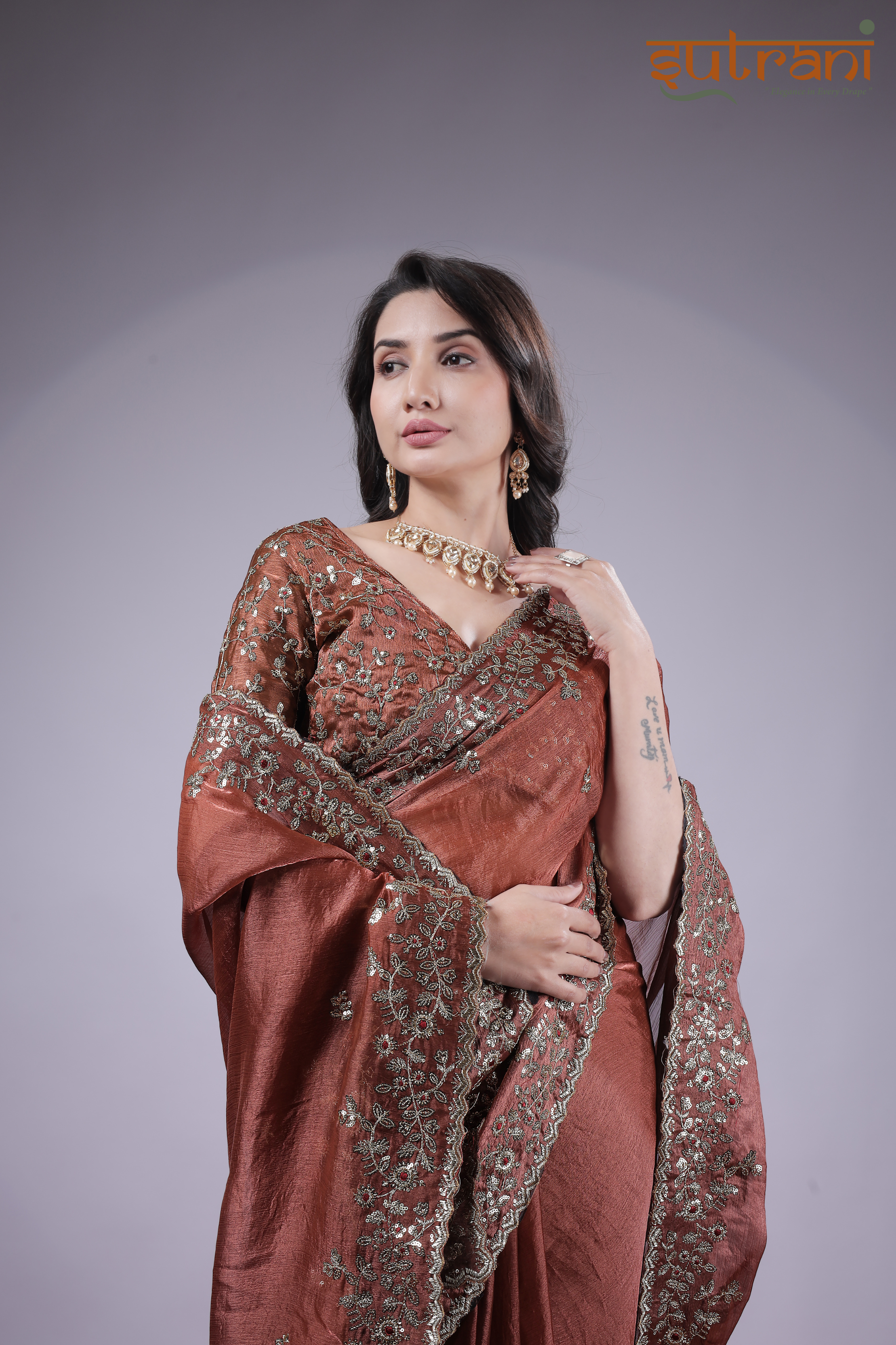 Glam Rust Copper Saree with Heavy Sequin Detailing