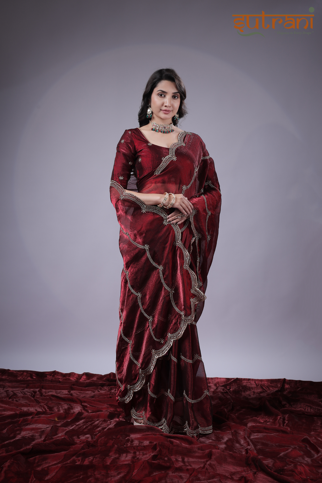Wine Majesty – Premium Shimmer Saree with Silver Work
