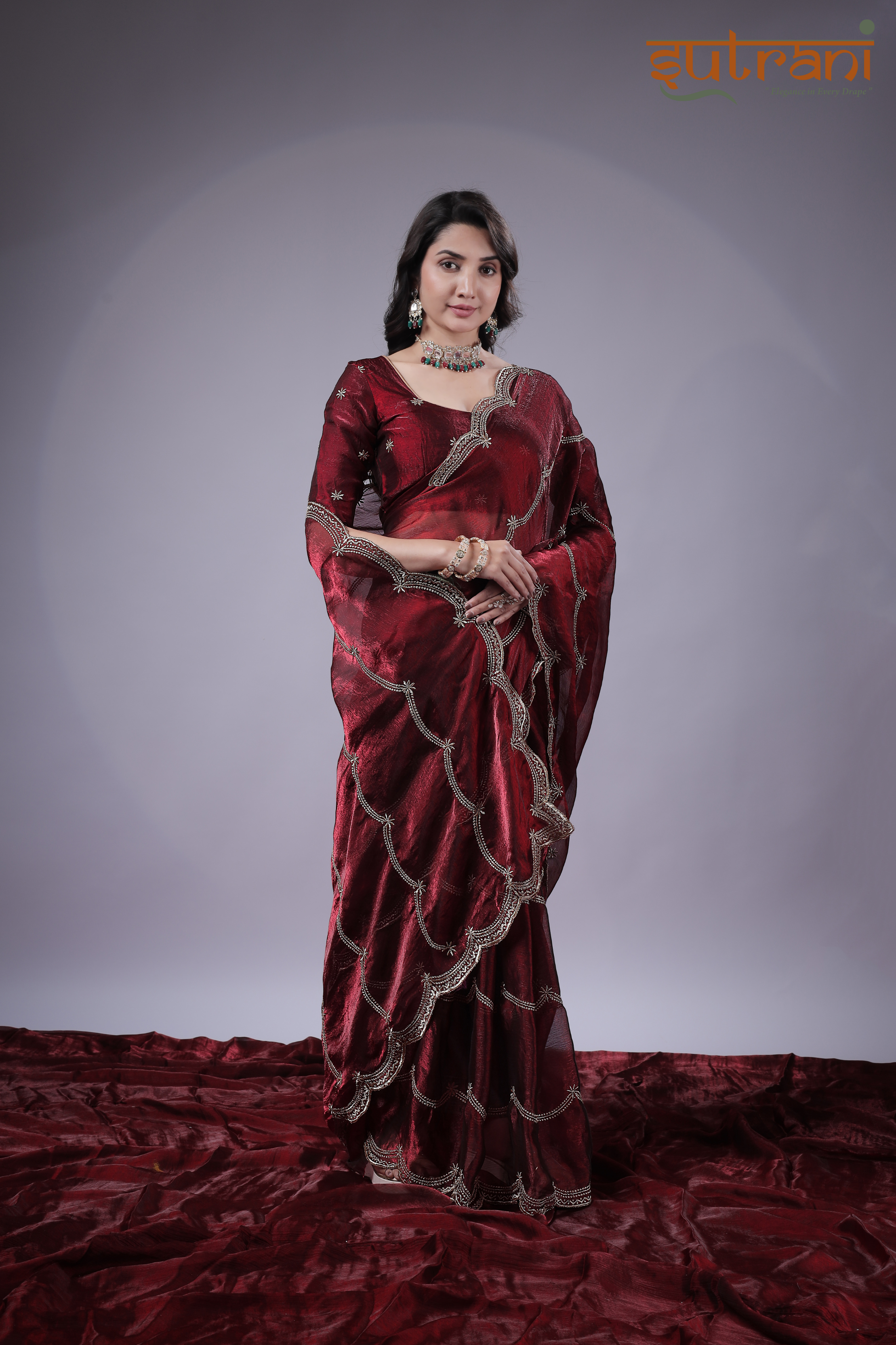 Wine Majesty – Premium Shimmer Saree with Silver Work