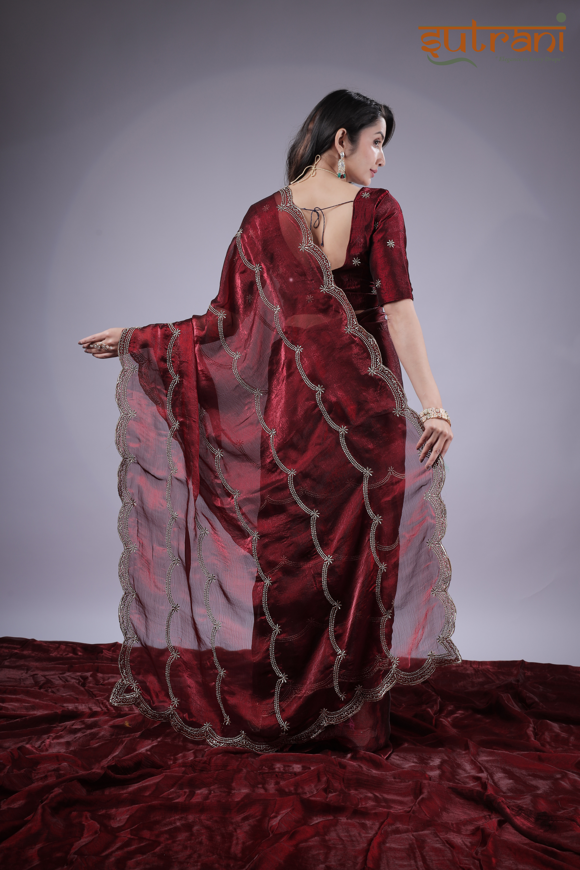 Wine Majesty – Premium Shimmer Saree with Silver Work