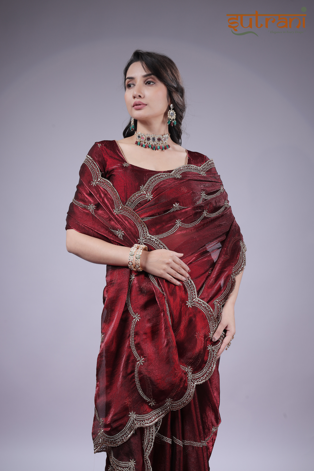 Wine Majesty – Premium Shimmer Saree with Silver Work