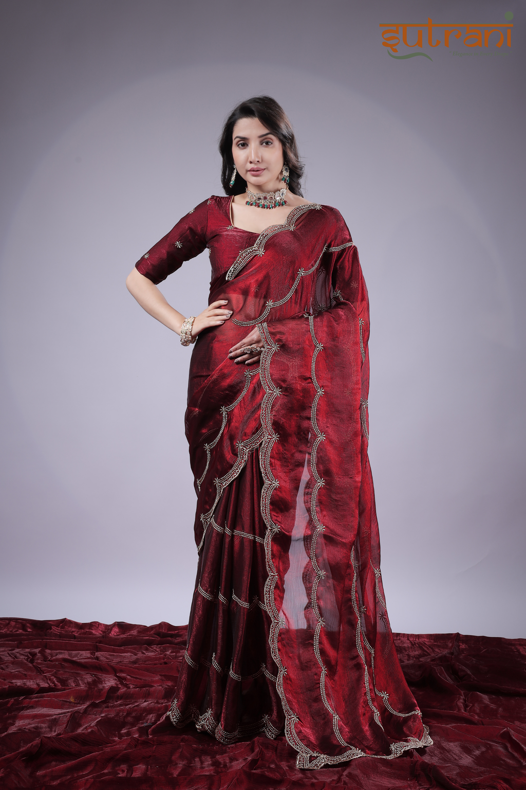 Wine Majesty – Premium Shimmer Saree with Silver Work