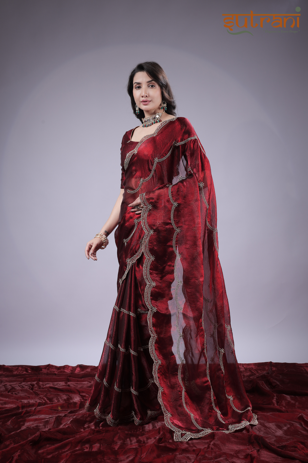 Wine Majesty – Premium Shimmer Saree with Silver Work