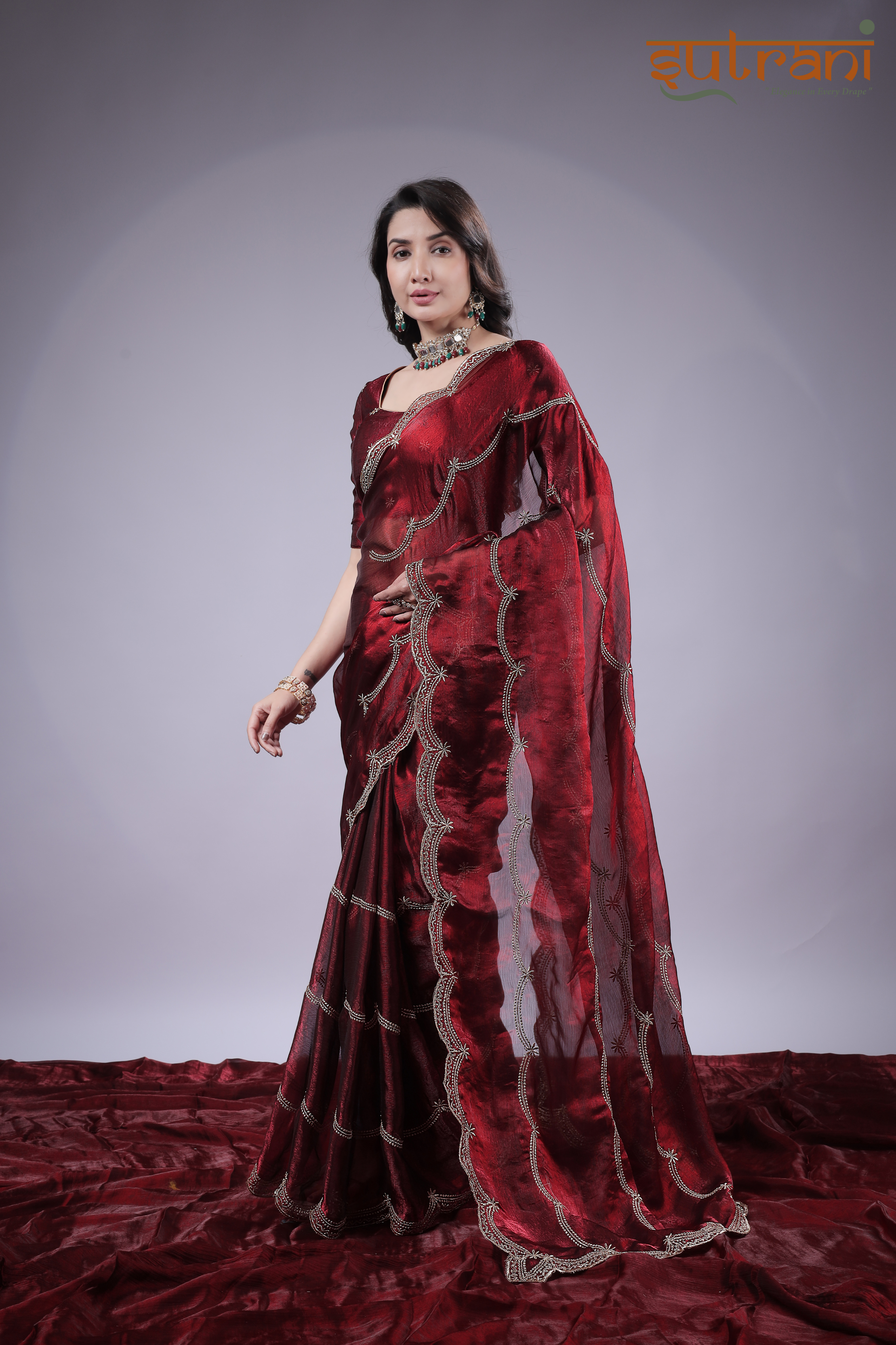 Wine Majesty – Premium Shimmer Saree with Silver Work