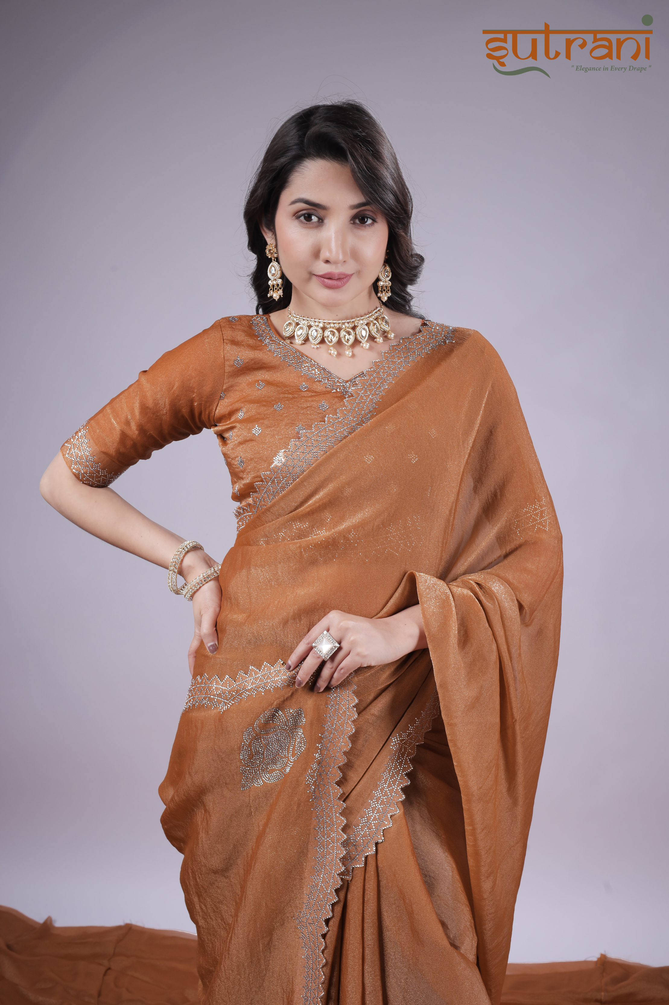 Burnt Orange Bliss – Luxe Saree with Shimmer Finish