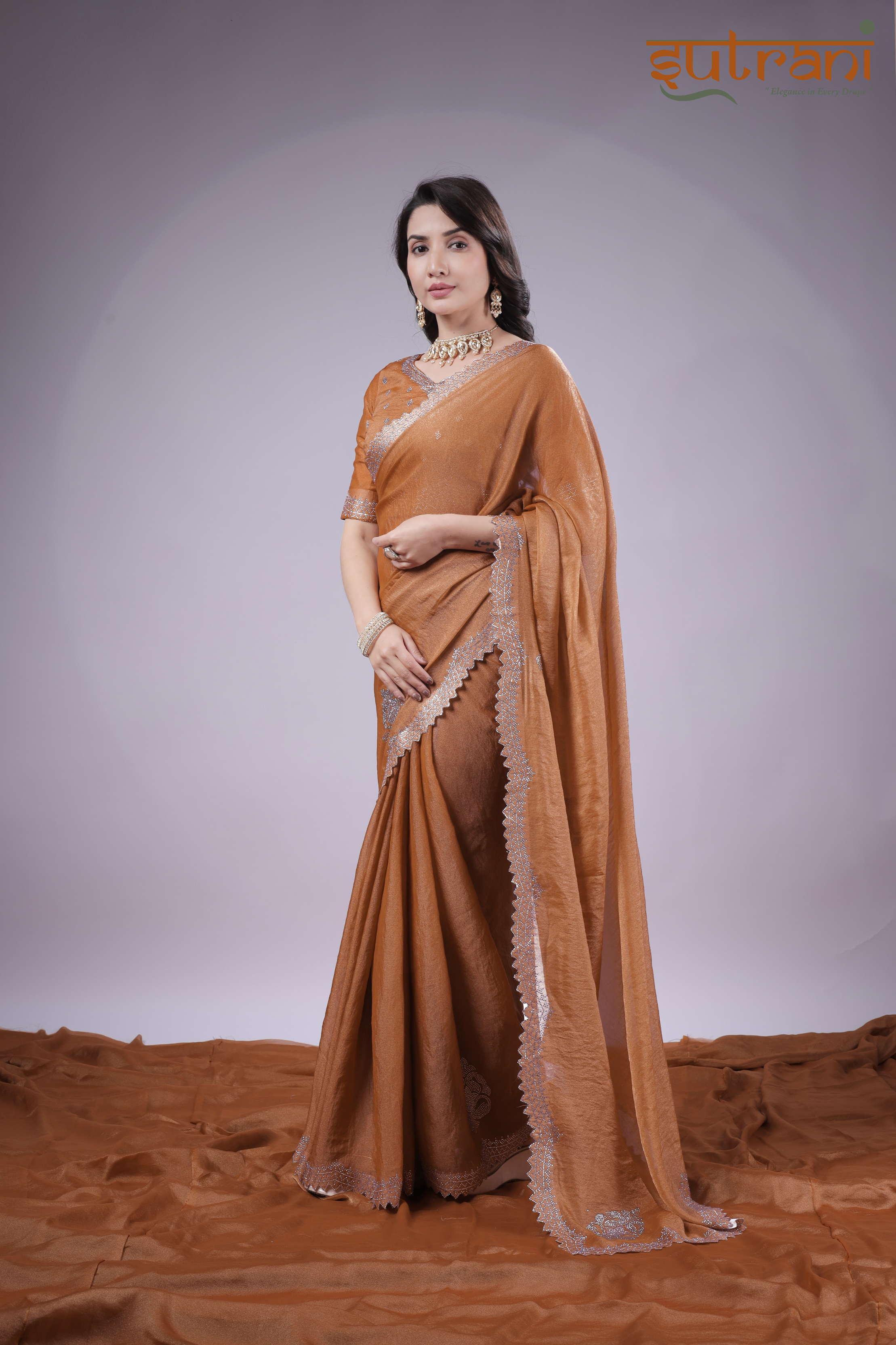 Burnt Orange Bliss – Luxe Saree with Shimmer Finish
