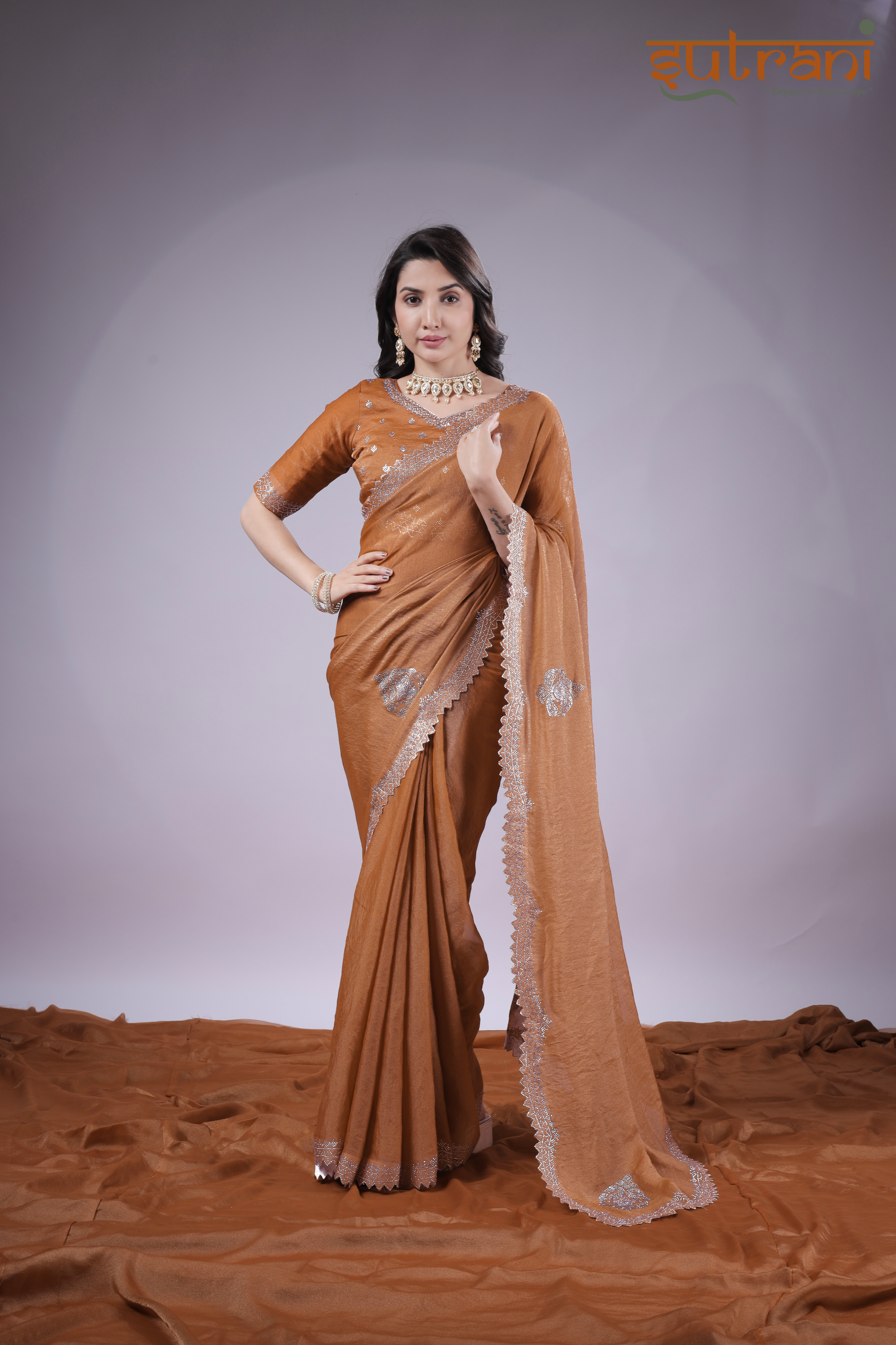 Burnt Orange Bliss – Luxe Saree with Shimmer Finish