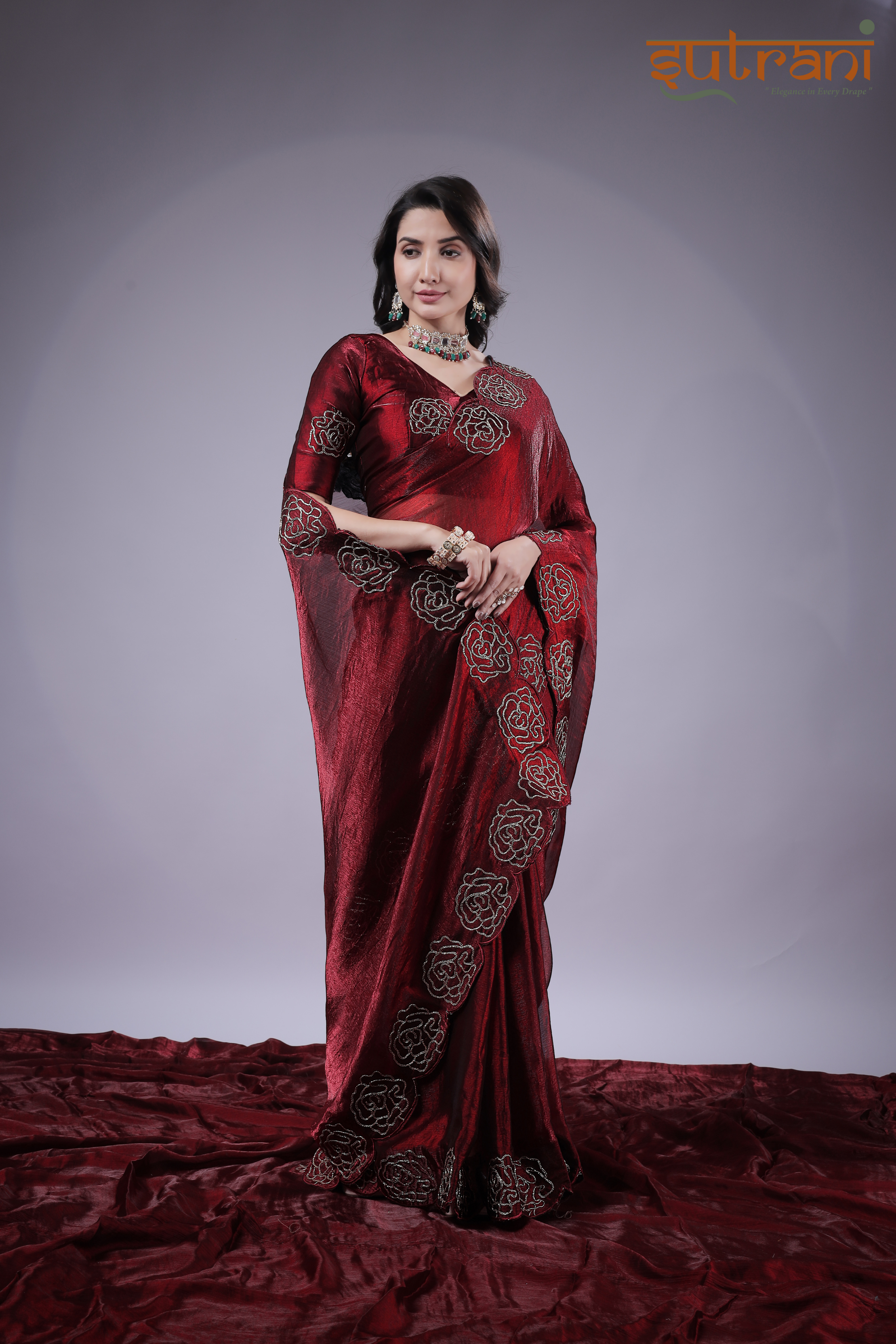 Wine Rose Elegance – Premium Saree with Heavy Floral Border Work