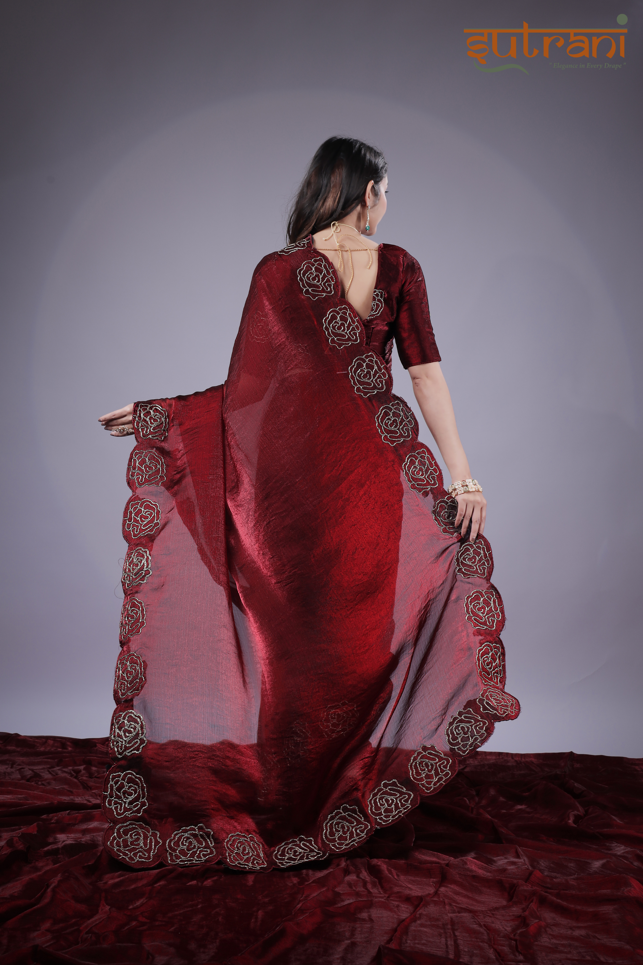 Wine Rose Elegance – Premium Saree with Heavy Floral Border Work